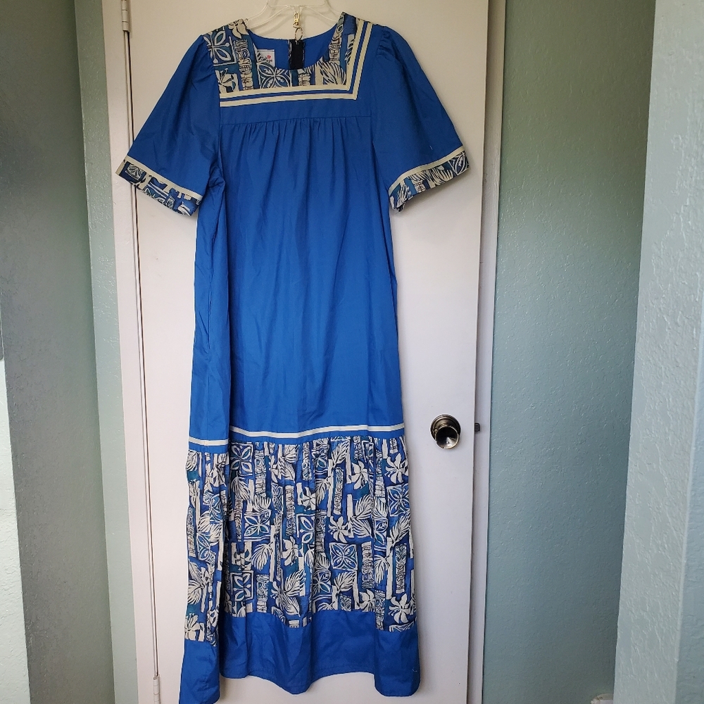 Vintage Kayrl Kaye Blue/White Hawaiin Print Women's Maxi Dress Poly/Cotton Sz S